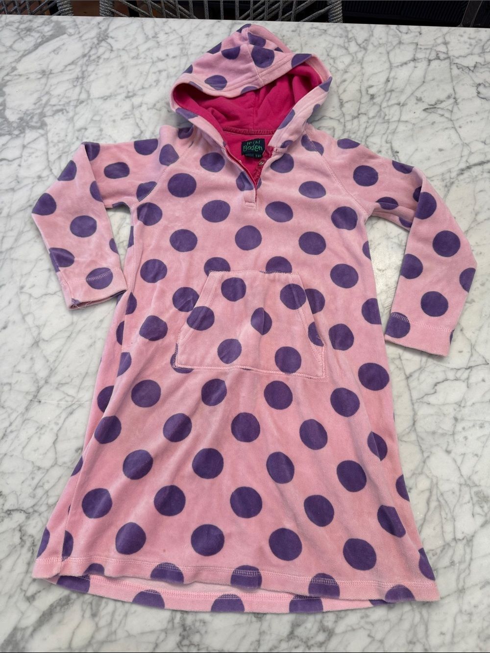 MINI BODEN Girls 7-8 Y Polka Dot Velour Hooded Tunic pink purple cover up Towel